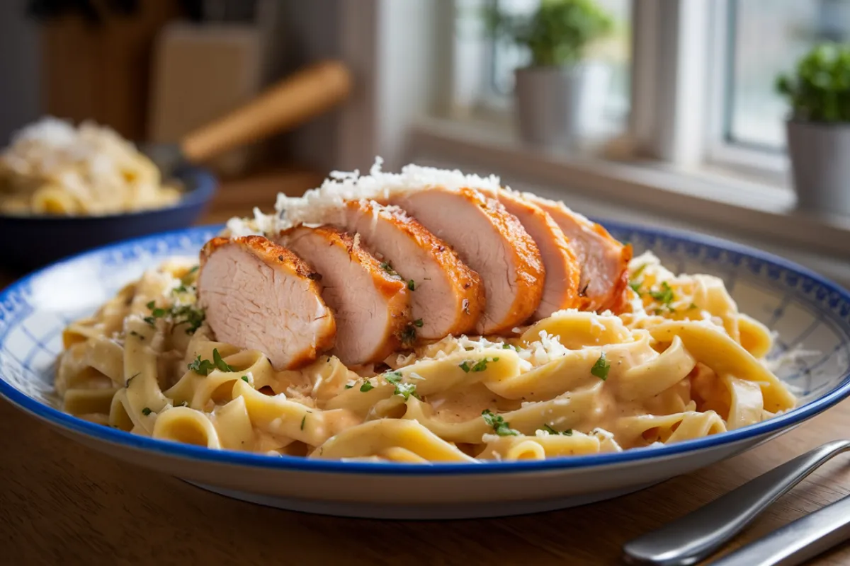 A plate of homemade Chicken Alfredo with creamy sauce, topped with fresh parsley, served on a white plate.