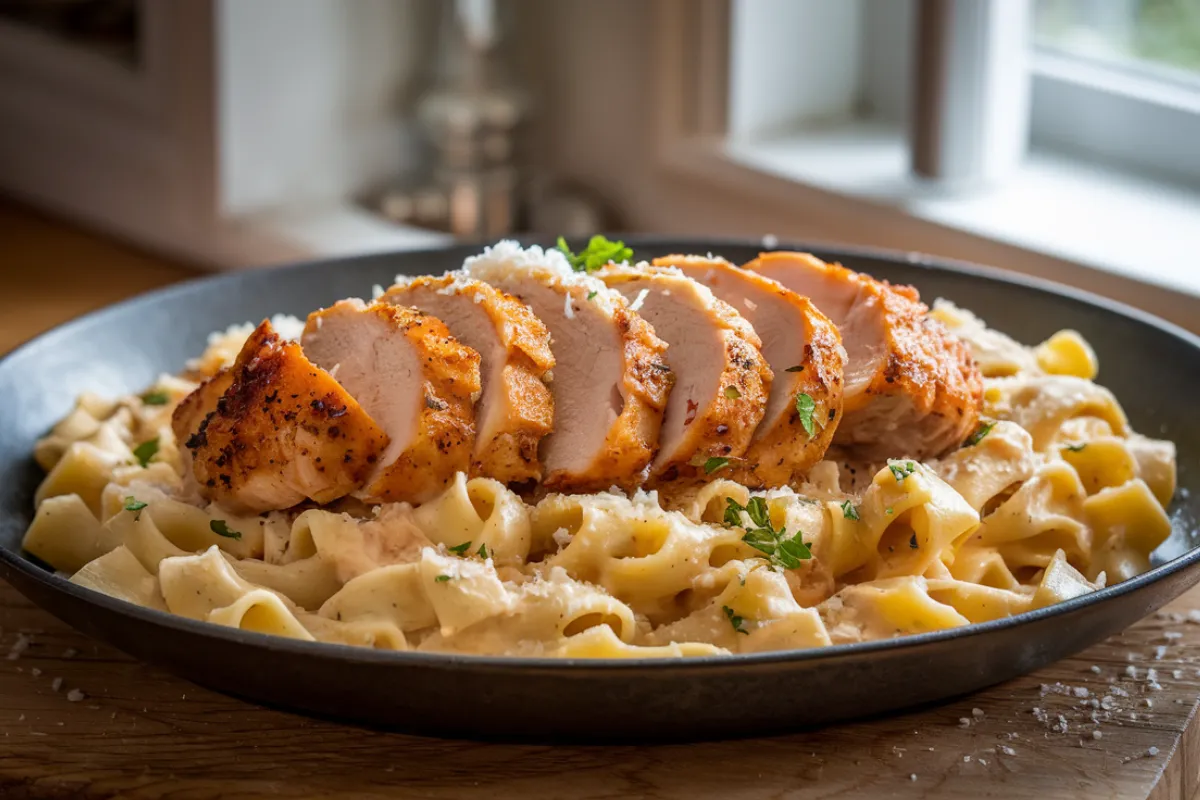 A close-up of a creamy Chicken Alfredo dish with fettuccine pasta, topped with fresh parsley and Parmesan cheese.