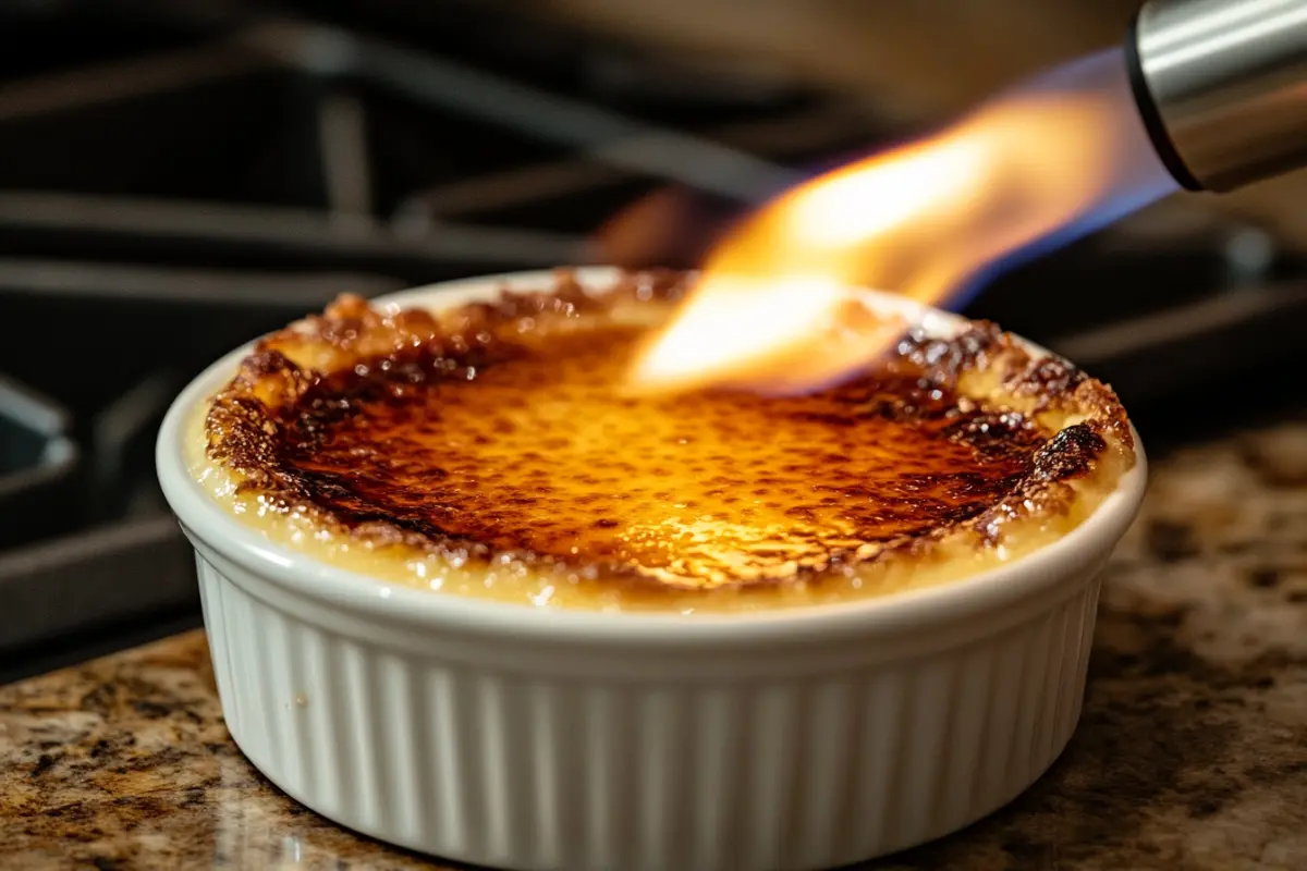 Close-up of perfectly caramelized sugar on top of crème brûlée.