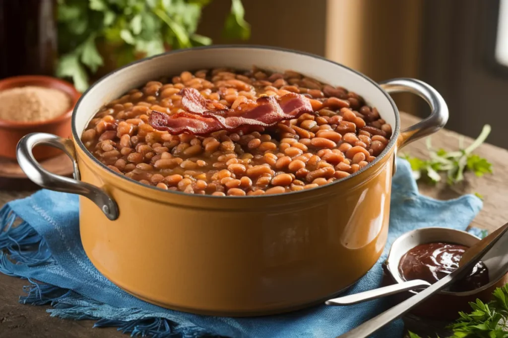 A pot of baked beans with a wooden spoon, showcasing the rich, thick sauce and beans.