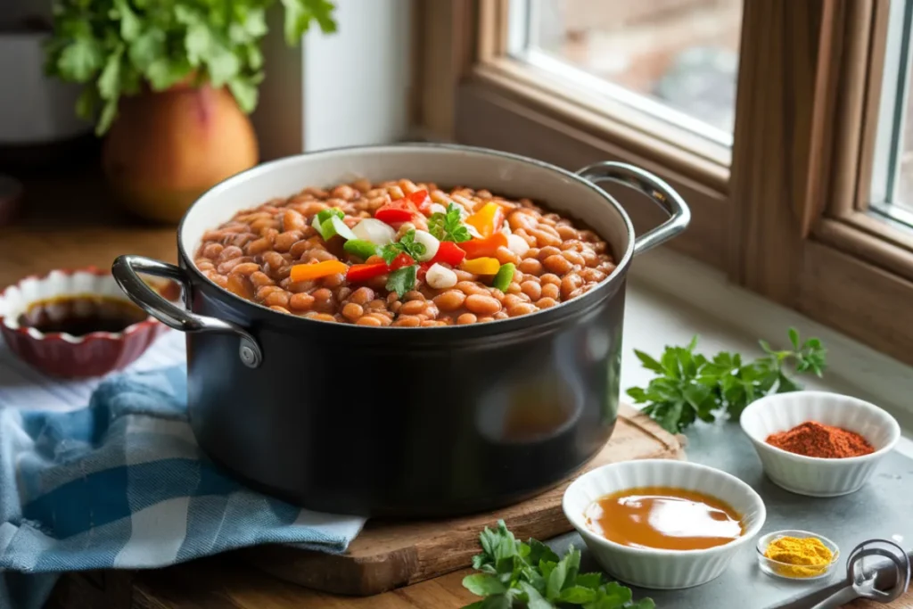 A pot of baked beans with added vegetables and spices, showcasing a rich, flavorful sauce.