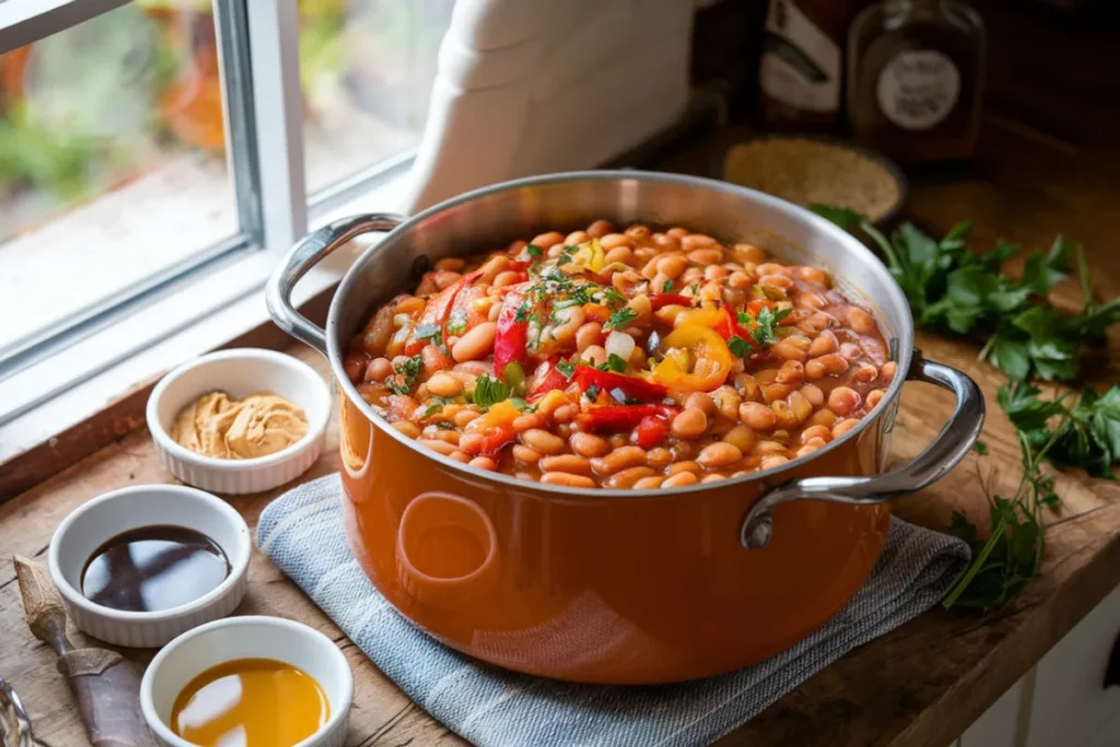 A pot of baked beans with added vegetables and spices, showcasing a rich, flavorful sauce.