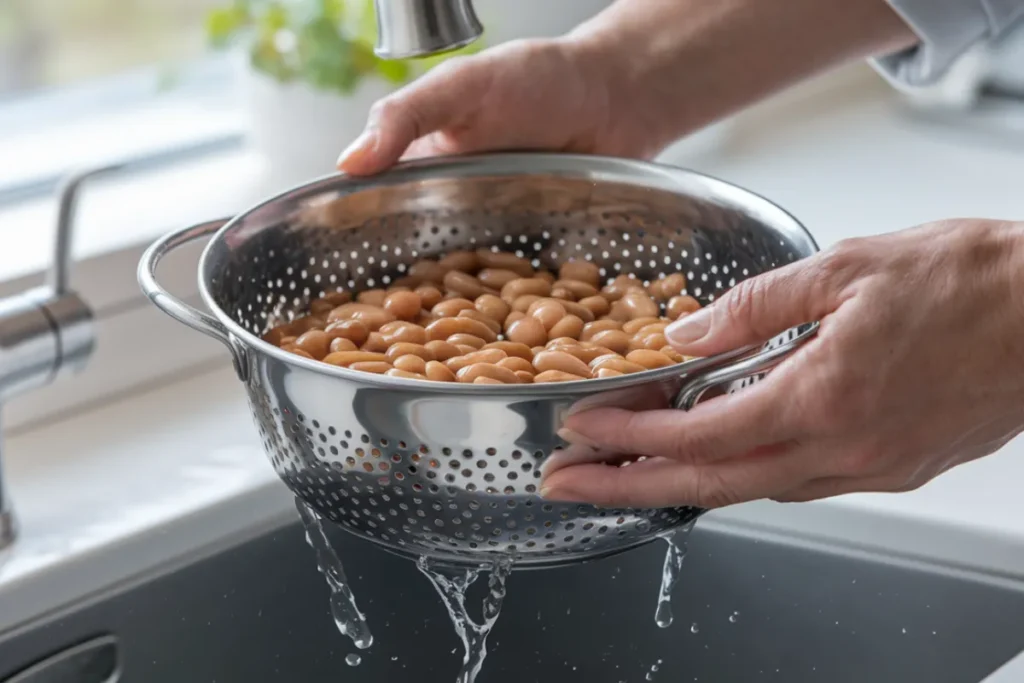 A colander draining baked beans over a sink. Image Description: A close-up of a colander filled with baked beans, draining over a sink, with water running over them.