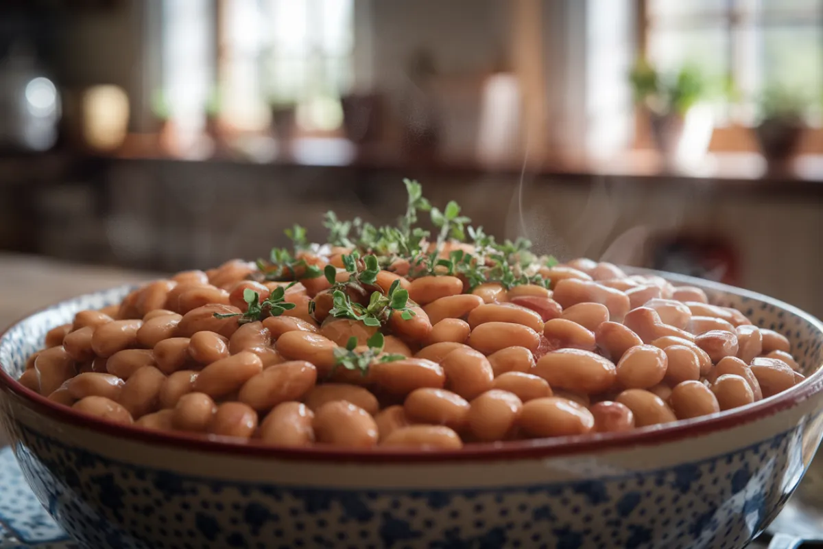 A close-up of perfectly cooked soft baked beans in a bowl.