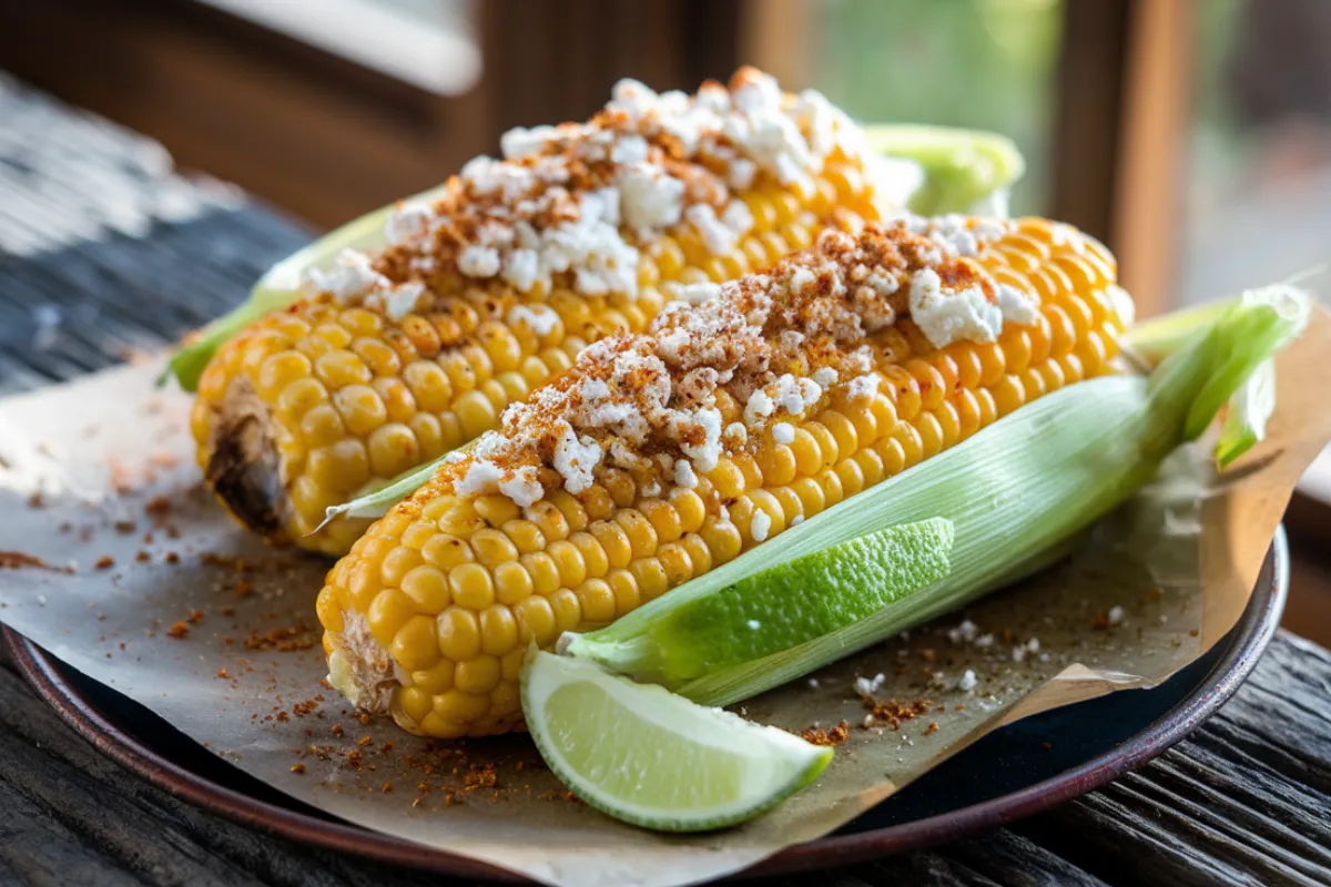 A close-up of delicious street corn topped with cheese and chili powder.