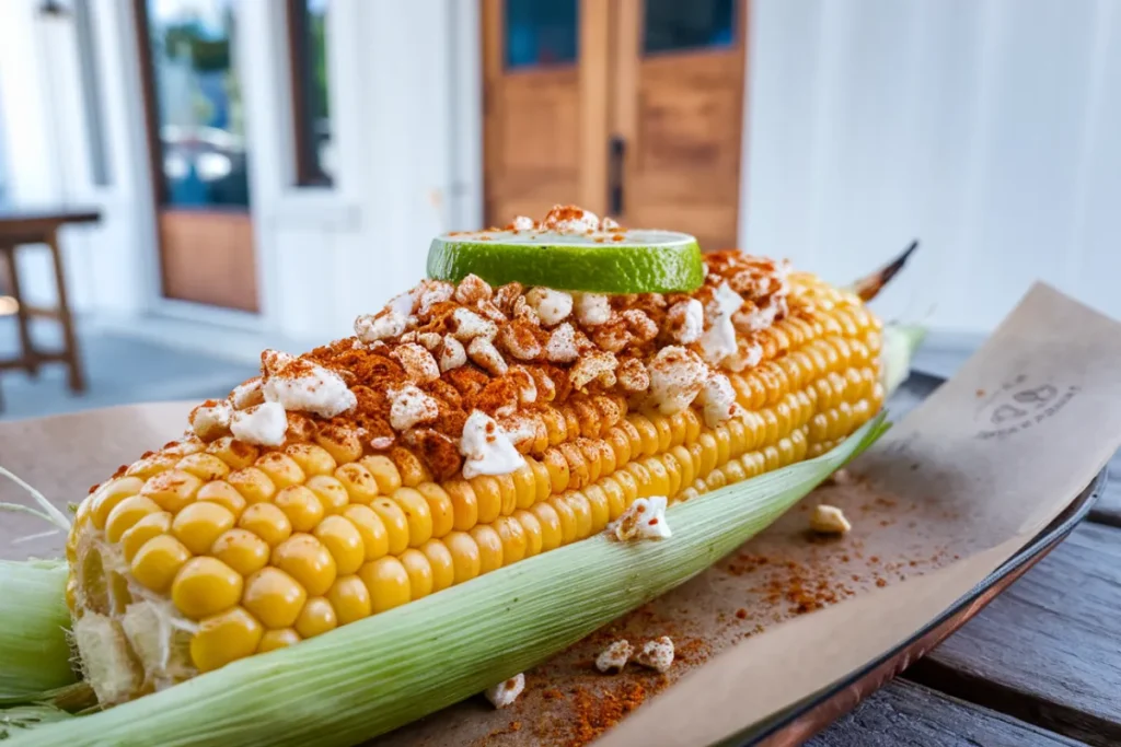 Close-up of Mexican street corn with cheese and chili powder.