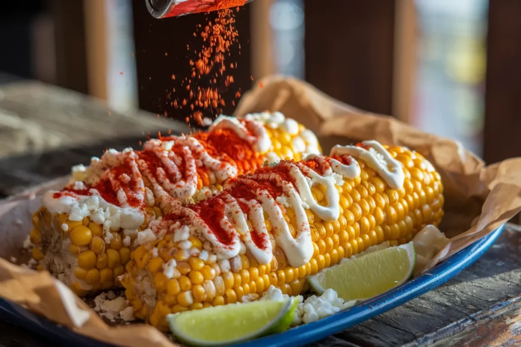 Close-up of Mexican street corn with red chili powder sprinkled on top.