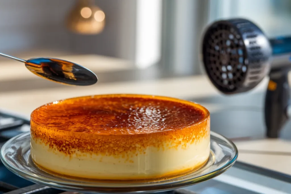 Caramelized dessert with golden-brown sugar using a broiler, metal spoon, and blow dryer without a kitchen torch.