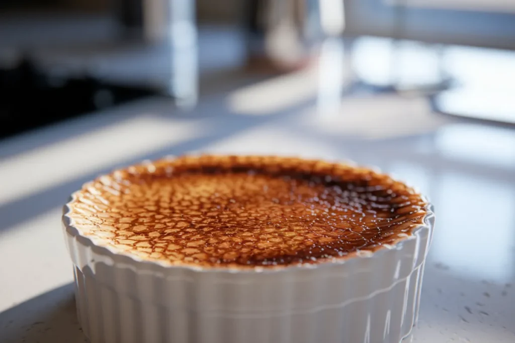 Close-up of caramelized sugar on top of a crème brûlée dessert in a white ramekin.