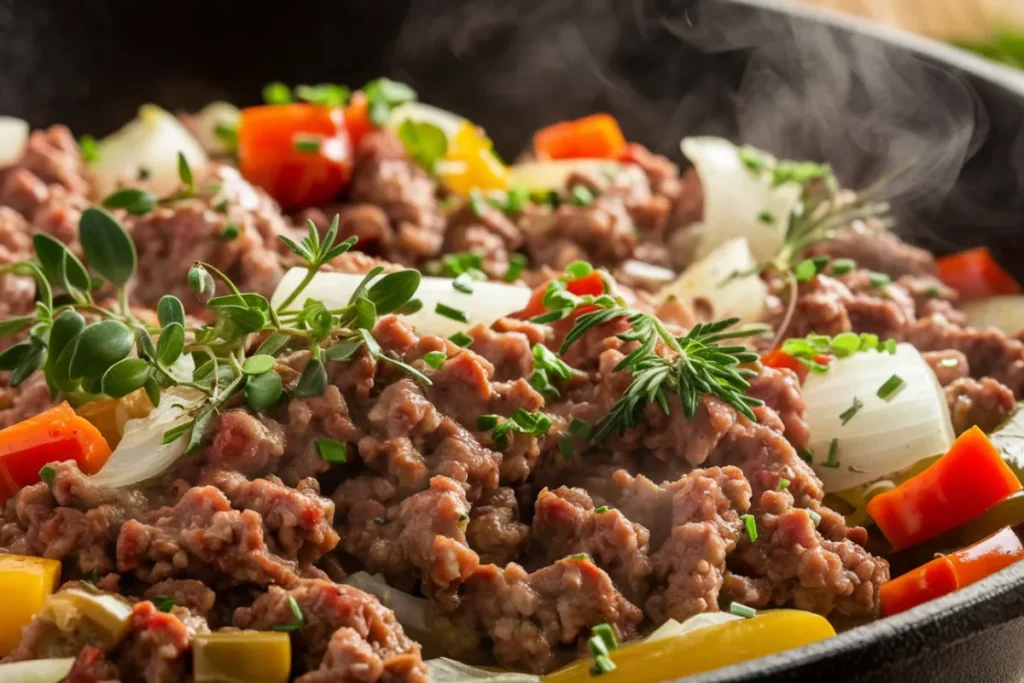 Ground beef skillet with vegetables and herbs