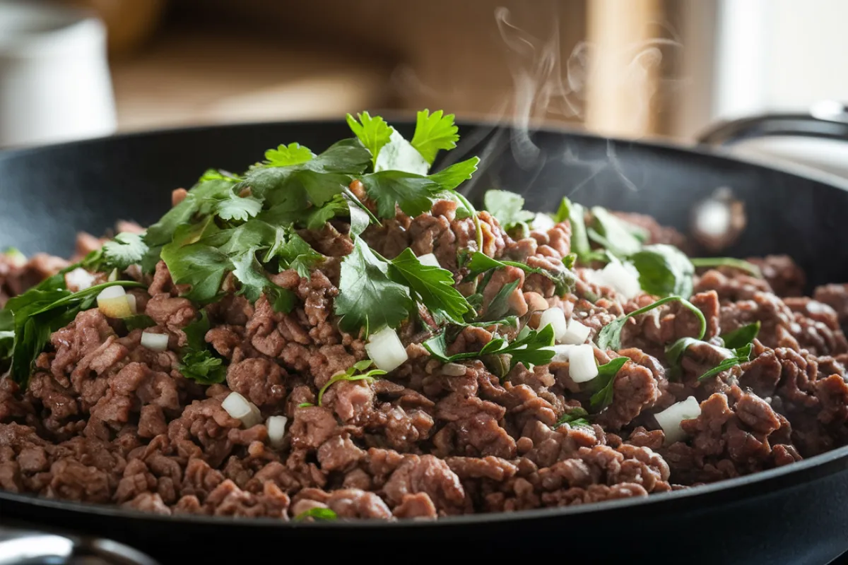 Skillet of seasoned ground beef with fresh herbs and garlic