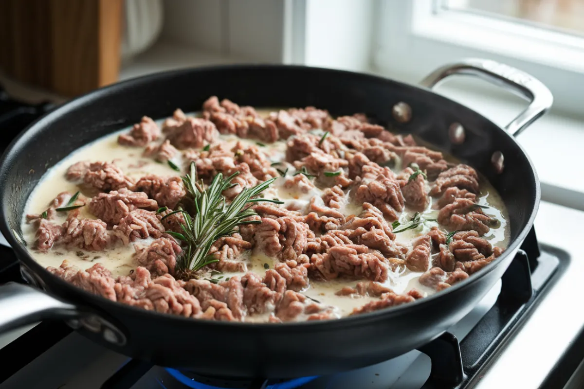 Skillet of ground beef simmering in milk with herbs