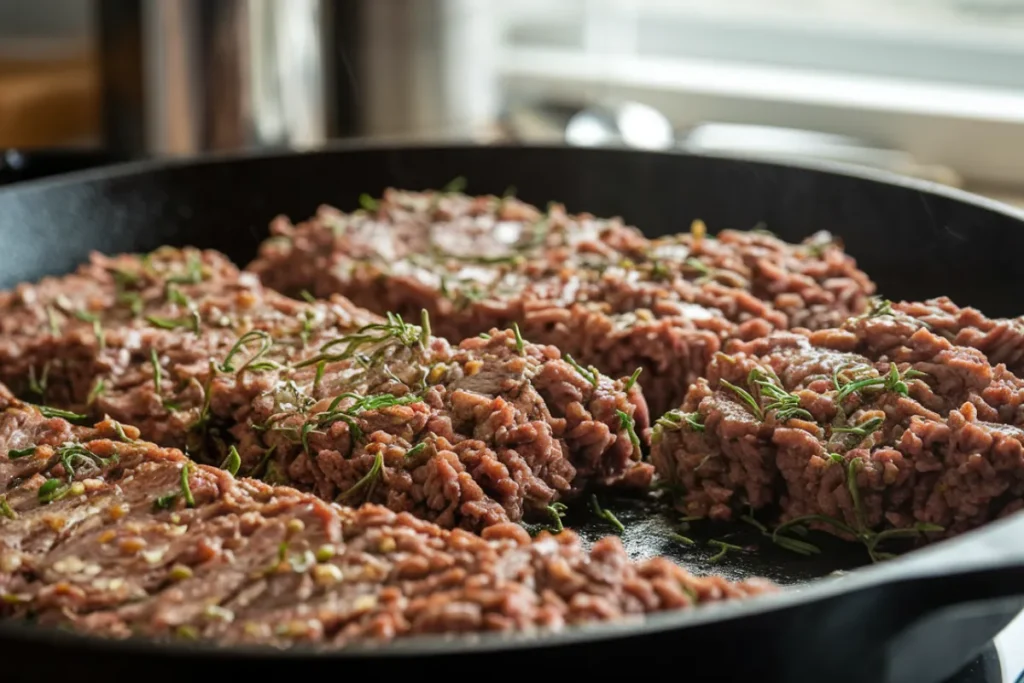 Ground beef browning in a cast-iron skillet