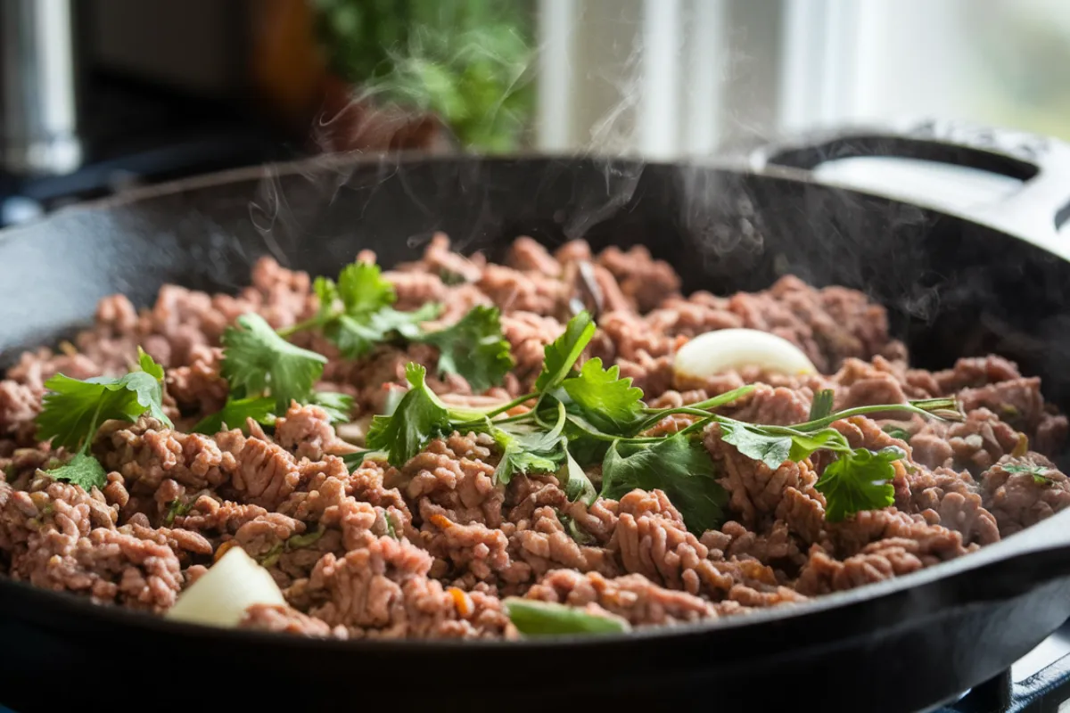 Ground beef browning in a skillet with herbs and spices