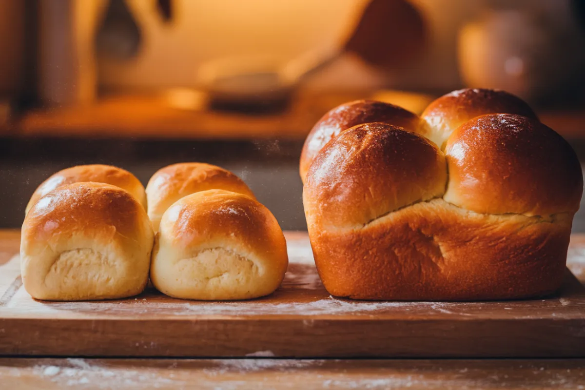 Close-up of Hawaiian rolls and brioche on a wooden board