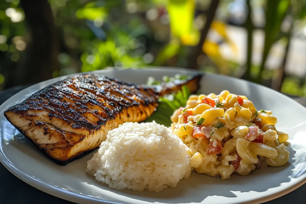 A traditional Hawaiian plate lunch with grilled fish, rice, and macaroni salad.