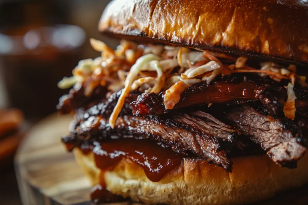 A juicy brisket sandwich with BBQ sauce and coleslaw served on a toasted brioche bun.