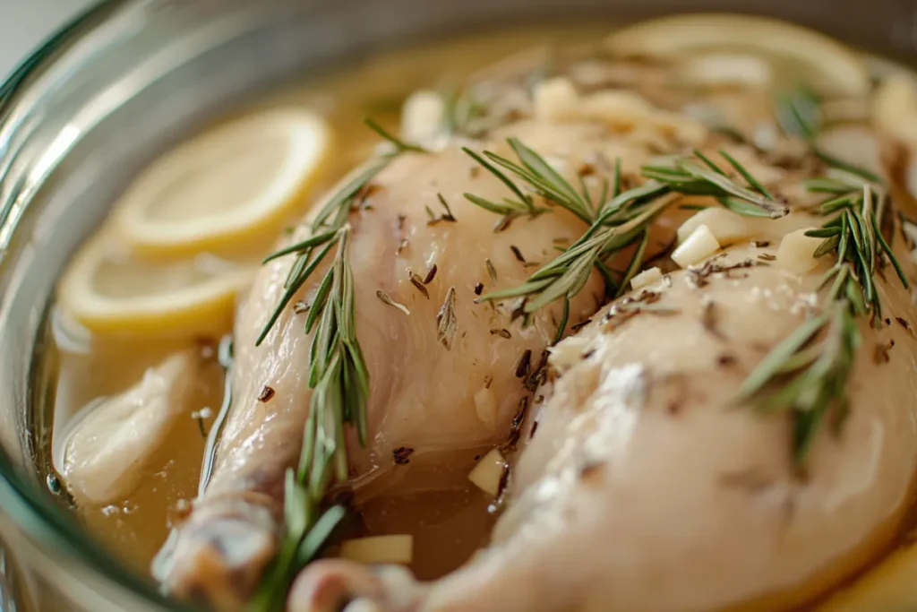 A raw whole chicken submerged in a flavorful chicken brine with herbs, garlic, and lemon slices.