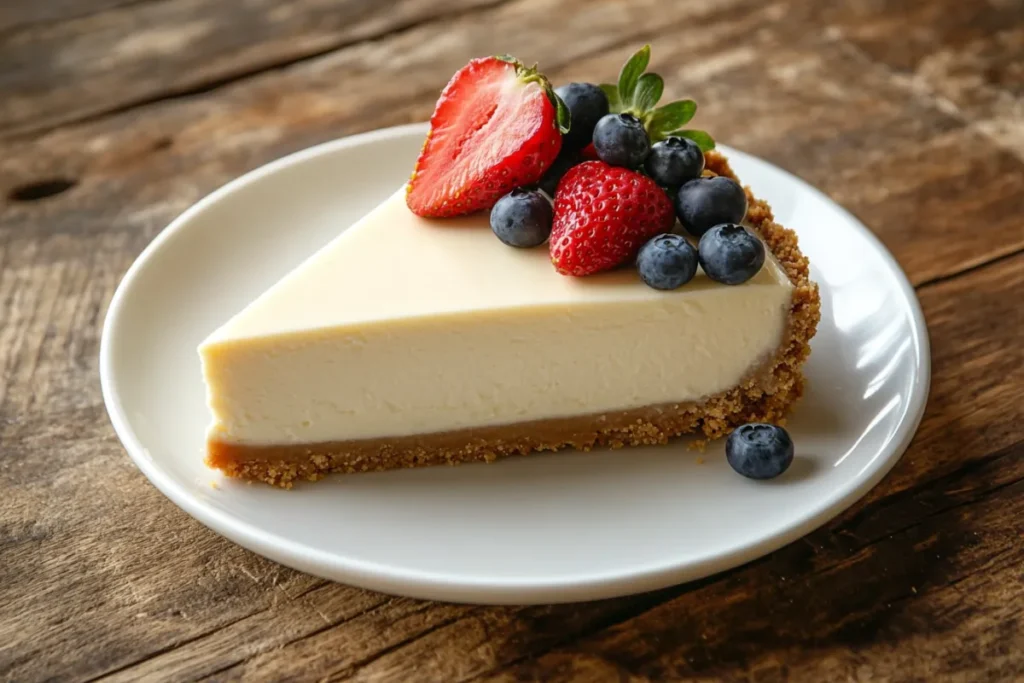 A slice of creamy Philadelphia cheesecake with a graham cracker crust and fresh berries on top.