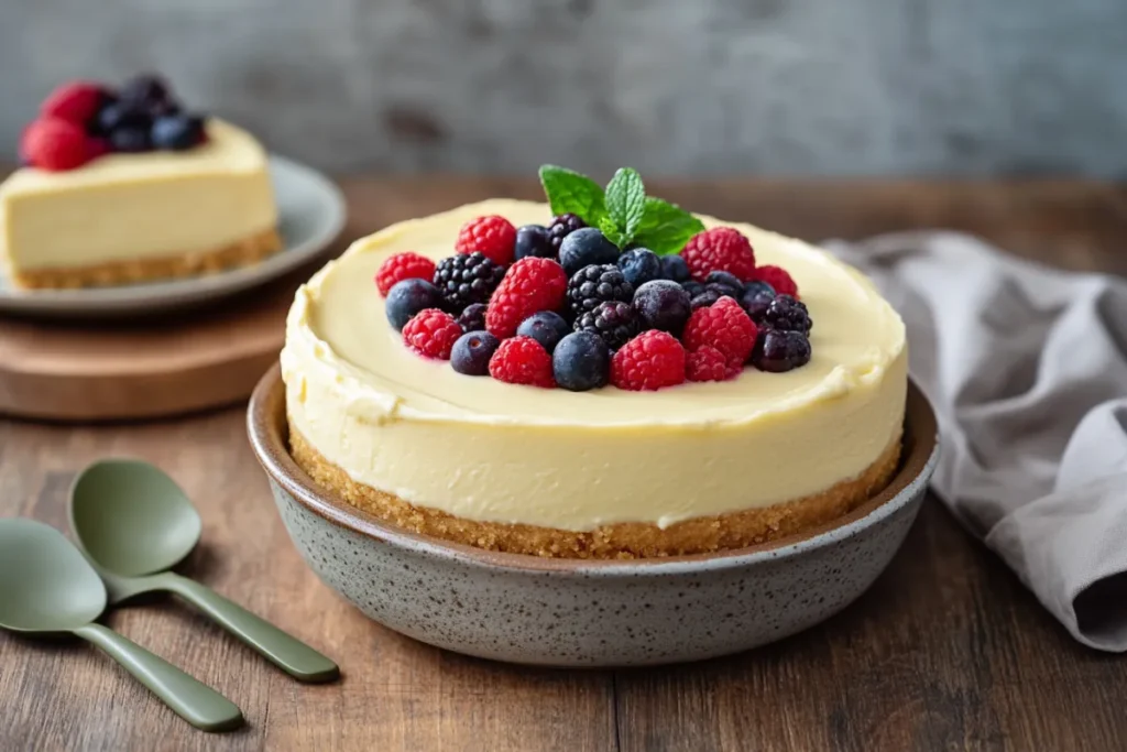 Philadelphia cream cheese filling with fresh berries and a cheesecake on a beige background.