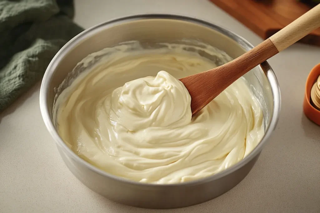 Melted Philadelphia cream cheese in a pan with a smooth, creamy texture.