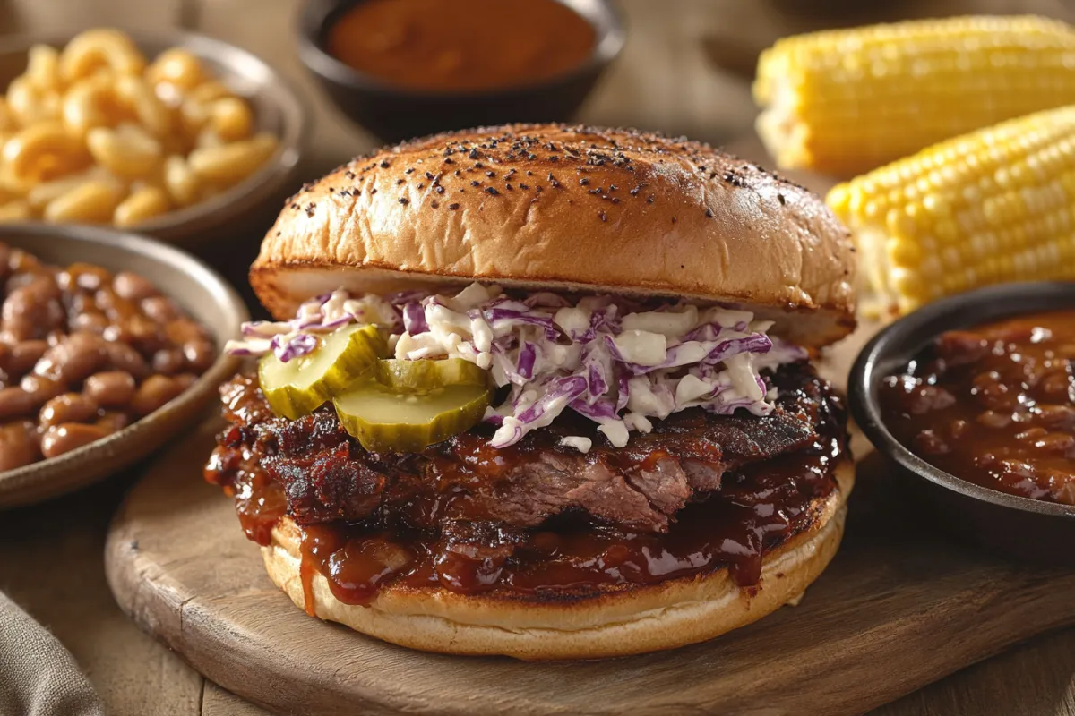 Brisket sandwich with BBQ sauce, coleslaw, and pickles on a wooden board.