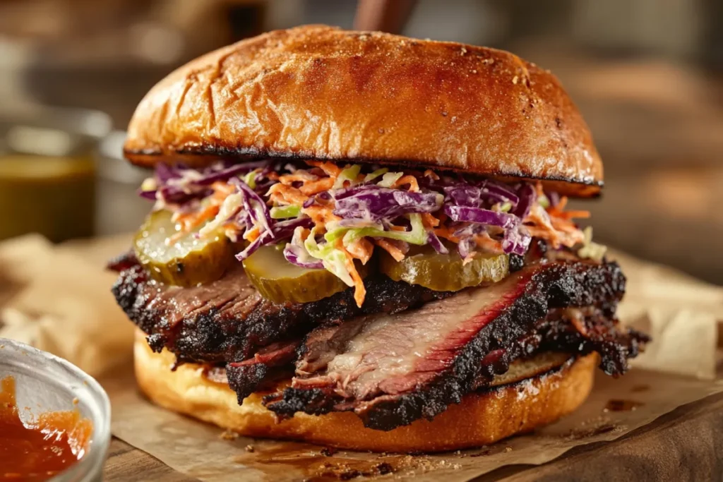 Close-up of a juicy brisket sandwich with pickles and coleslaw on a toasted brioche bun.