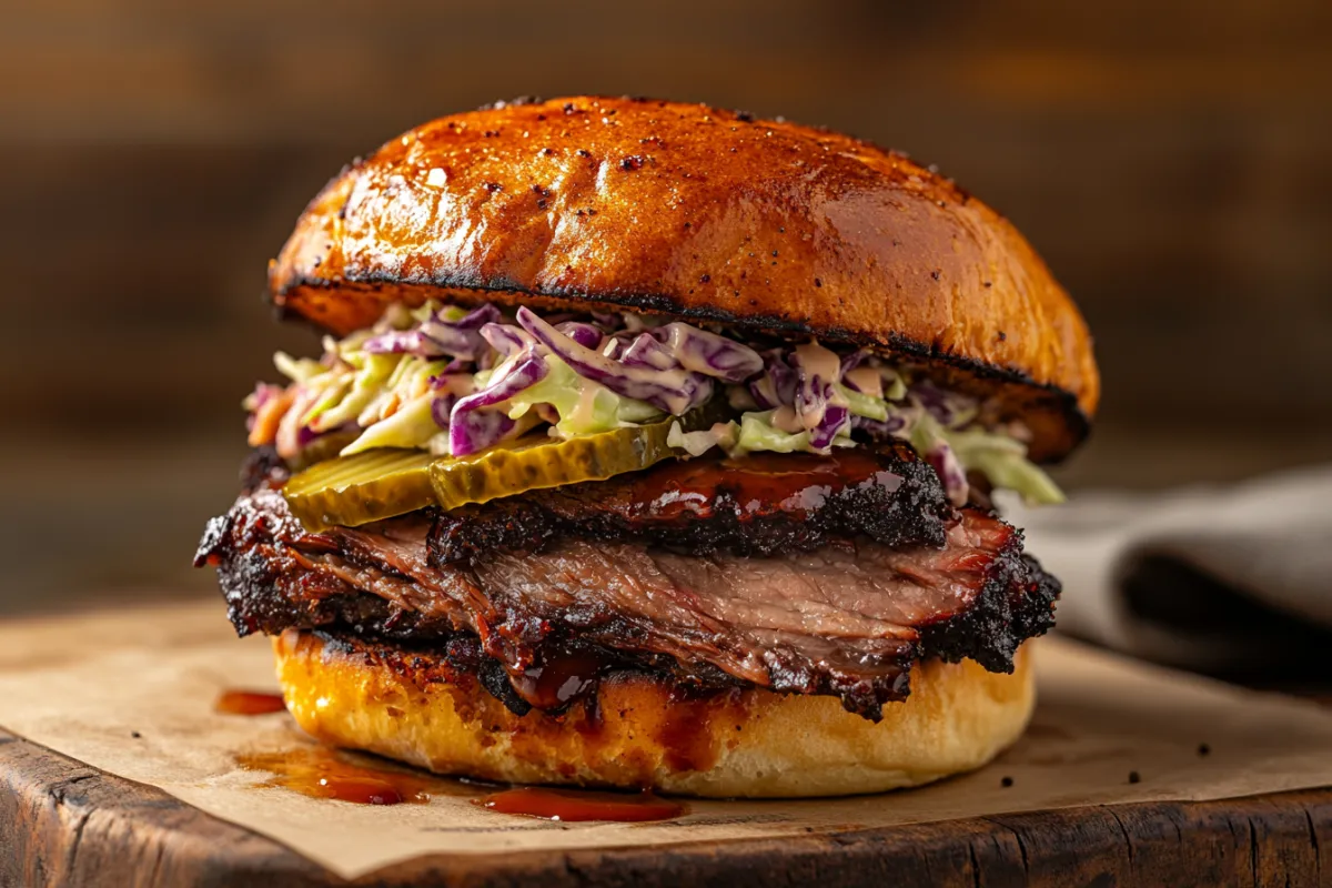 Brisket sandwich with a brioche bun, topped with pickles and coleslaw