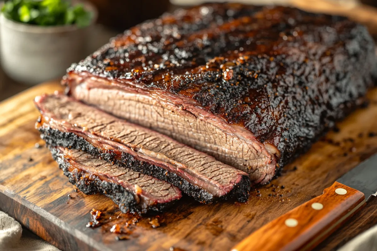 Brisket cut showing both the flat and point portions with a crispy, smoked crust.