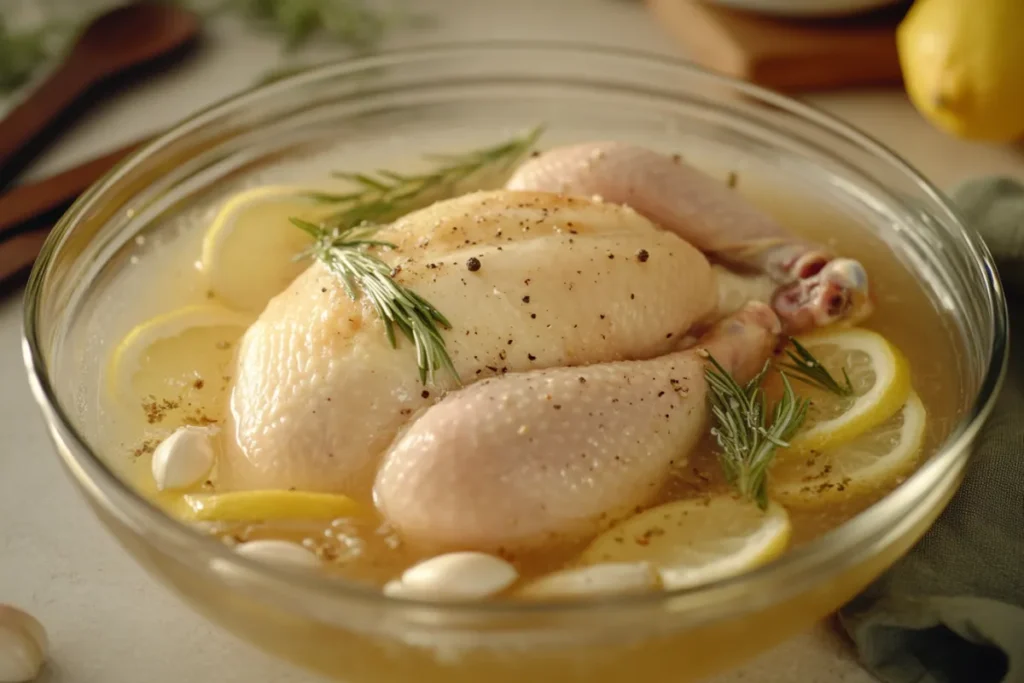 Brining chicken in a bowl of saltwater with herbs and garlic.