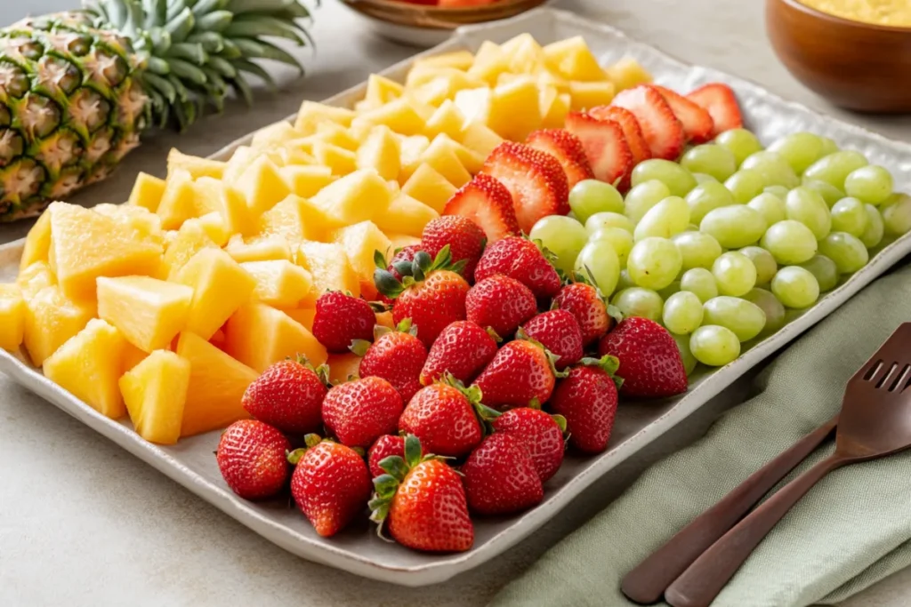 A colorful fruit platter featuring fresh strawberries, grapes, melons, and pineapple slices on a chilled tray.