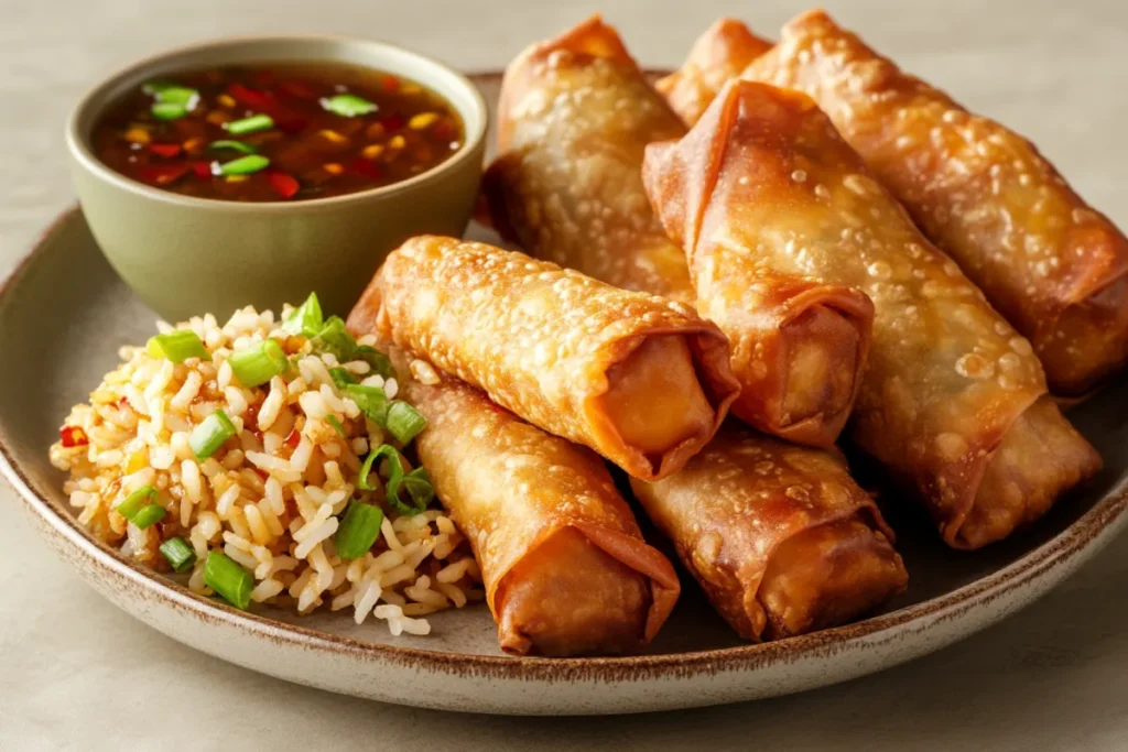 Crispy egg rolls served with fried rice and dipping sauces