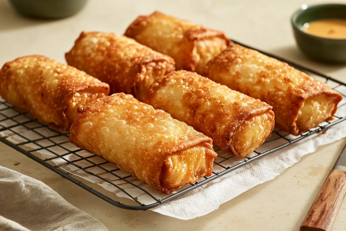 Golden, crispy egg rolls on a wire rack with paper towels underneath to drain oil