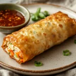 A golden, crispy egg roll with a side of sweet chili sauce and soy sauce on a white plate.