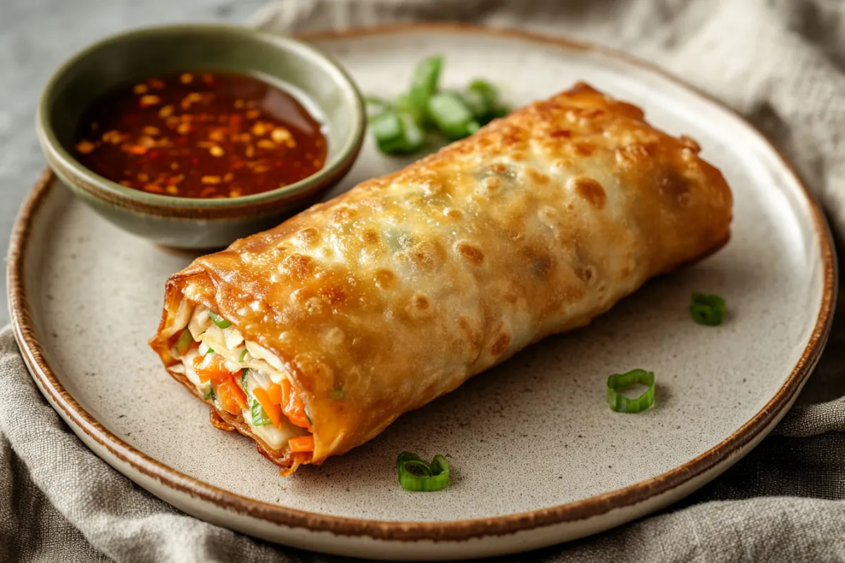 A golden, crispy egg roll with a side of sweet chili sauce and soy sauce on a white plate.