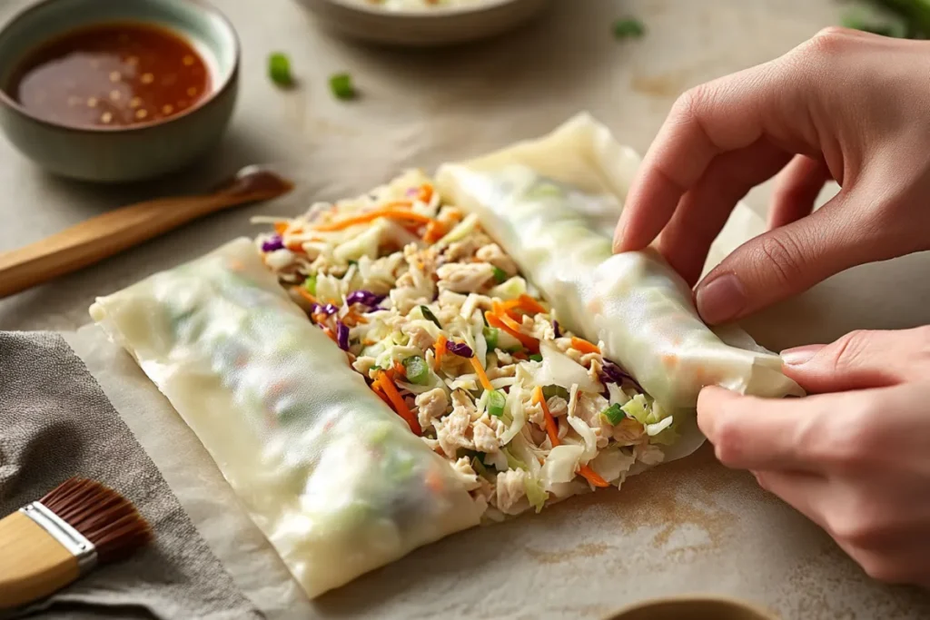 Step-by-step process of rolling an egg roll with filling inside, shown on a warm beige surface.