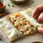 Step-by-step process of rolling an egg roll with filling inside, shown on a warm beige surface.