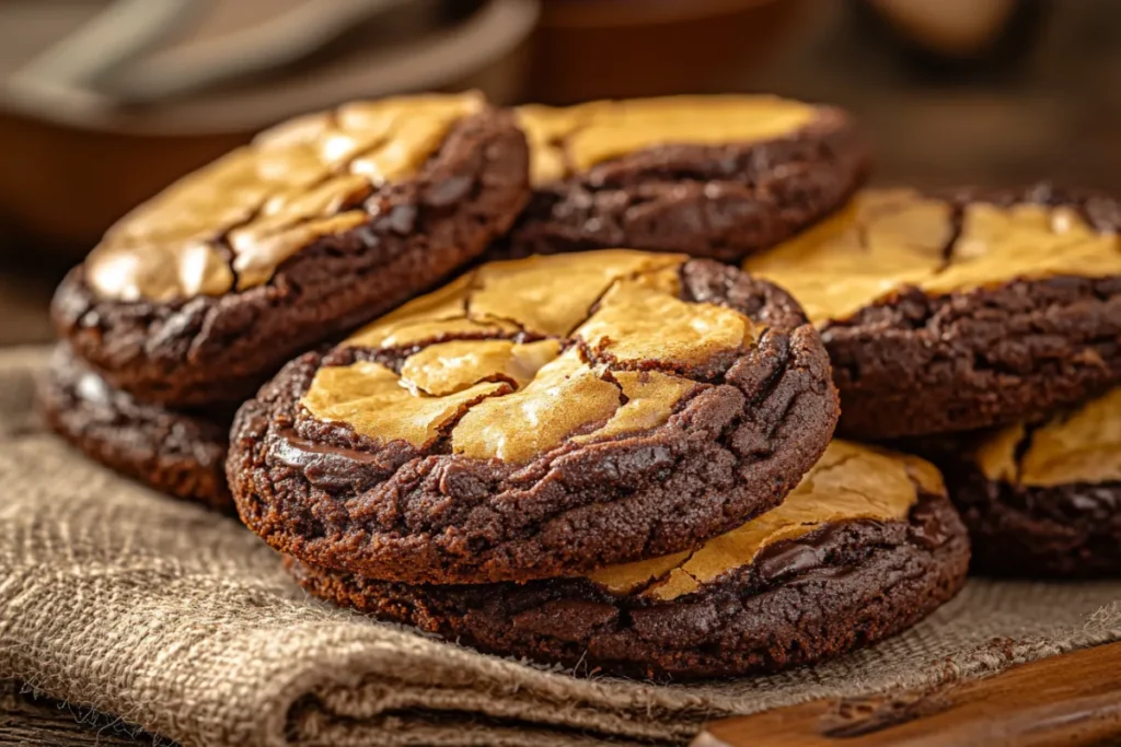 A batch of gooey brookies with a crisp cookie top and fudgy brownie base.