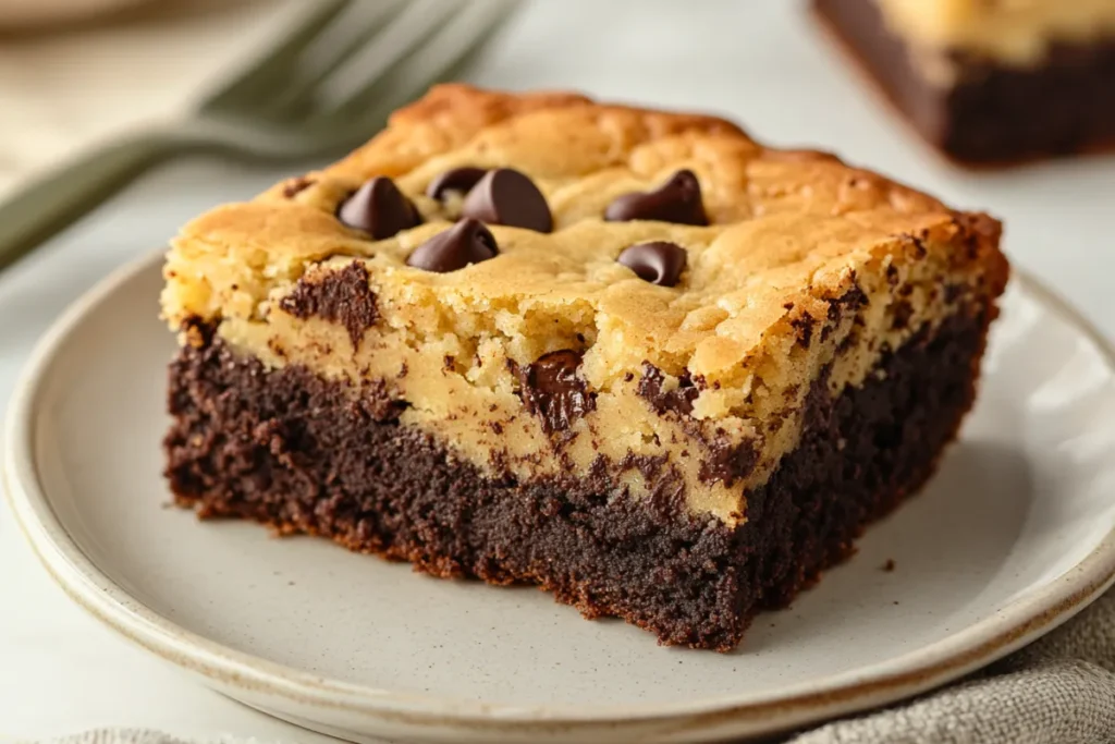 Close-up of a brookie showing the fudgy brownie base and chewy cookie top.