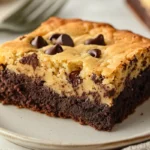 Close-up of a brookie showing the fudgy brownie base and chewy cookie top.