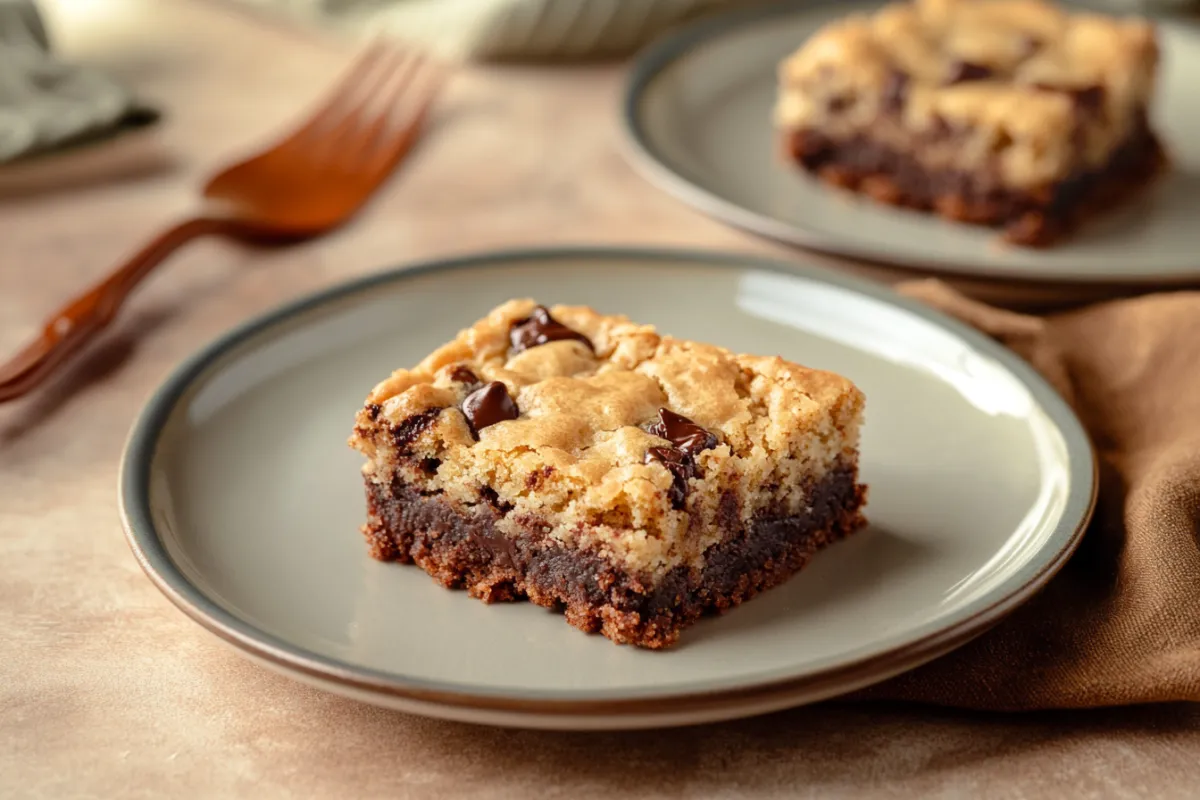 A plate of brookies and blondies side by side showing the contrast in texture and color.