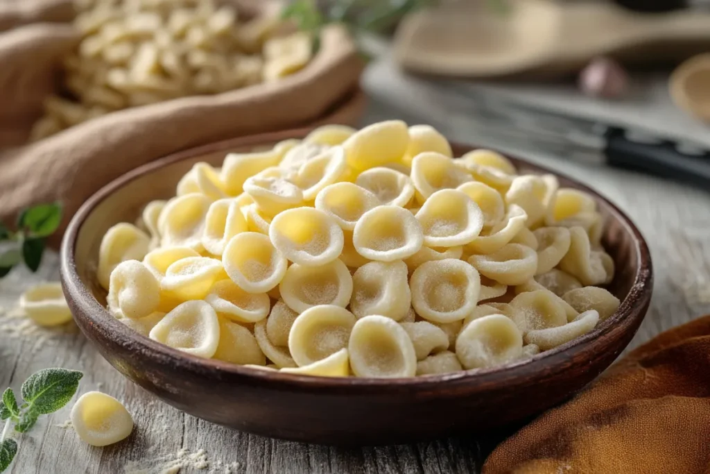 Handmade orecchiette pasta with fresh ingredients, showcasing its unique ear-like shape.