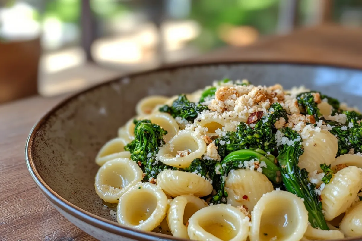 A plate of orecchiette pasta served with broccoli rabe and garlic.