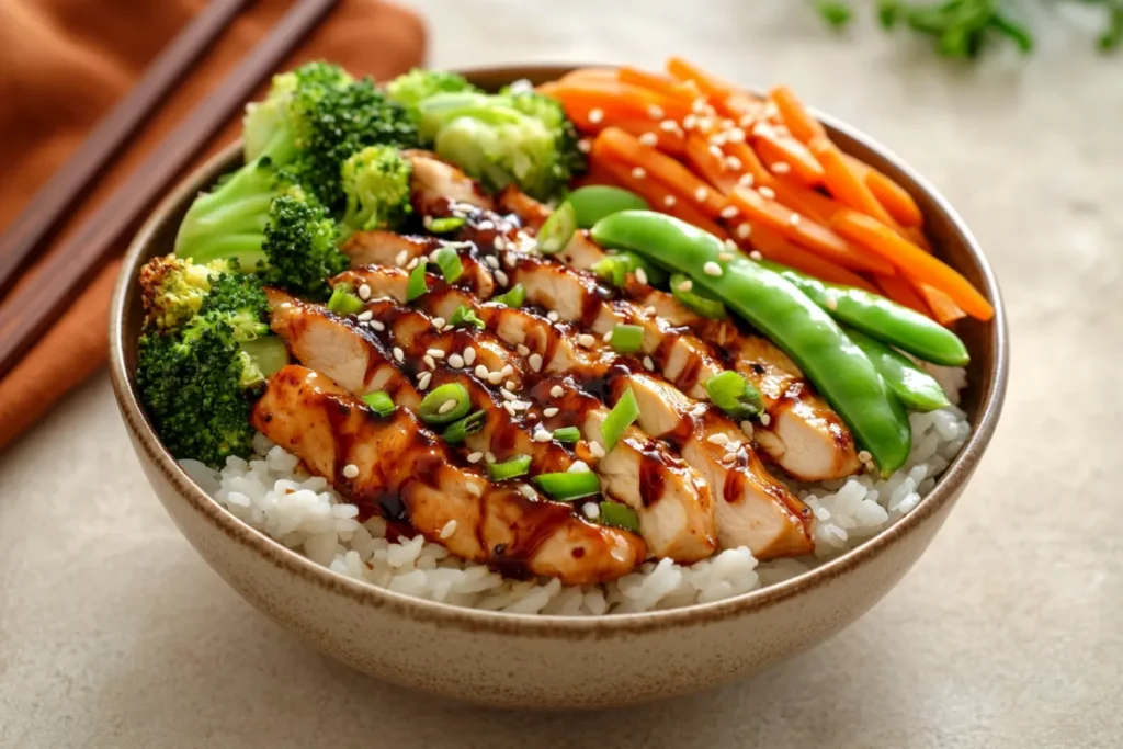 Bowl of teriyaki chicken, rice, and vegetables drizzled with teriyaki sauce.