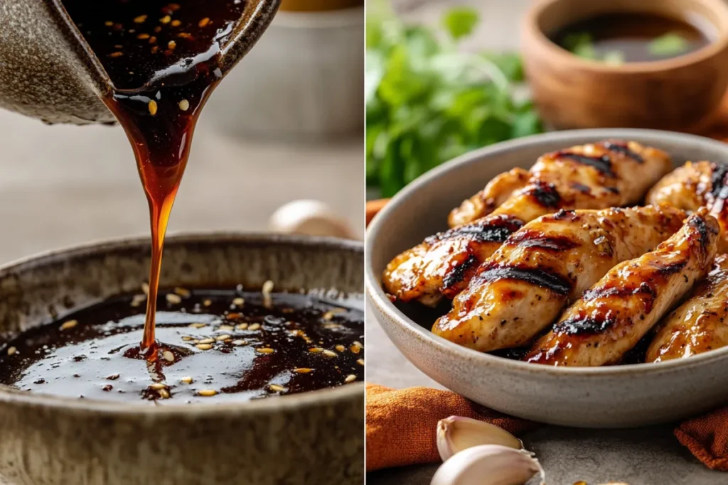 Teriyaki sauce being drizzled over grilled chicken