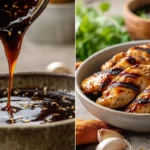 Teriyaki sauce being drizzled over grilled chicken