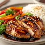 Plate of grilled teriyaki chicken with vegetables and rice.