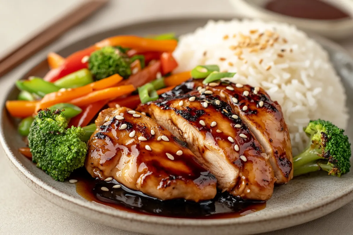 Plate of grilled teriyaki chicken with vegetables and rice.