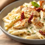 A plate of creamy Marry Me Chicken Pasta with sun-dried tomatoes and fresh basil.