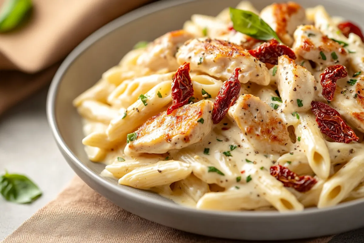 A plate of creamy Marry Me Chicken Pasta with sun-dried tomatoes and fresh basil.